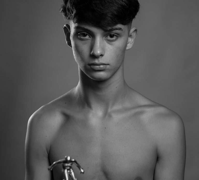 Shirtless Boy Holding Sports Trophy - Slim Boy - BW - HEYBOY