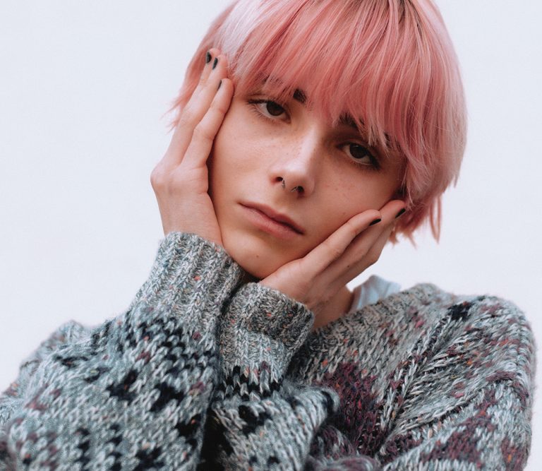 Pink Haired Boy - Warm Sweater - Hands Holding Face - Soft Boy - HEYBOY