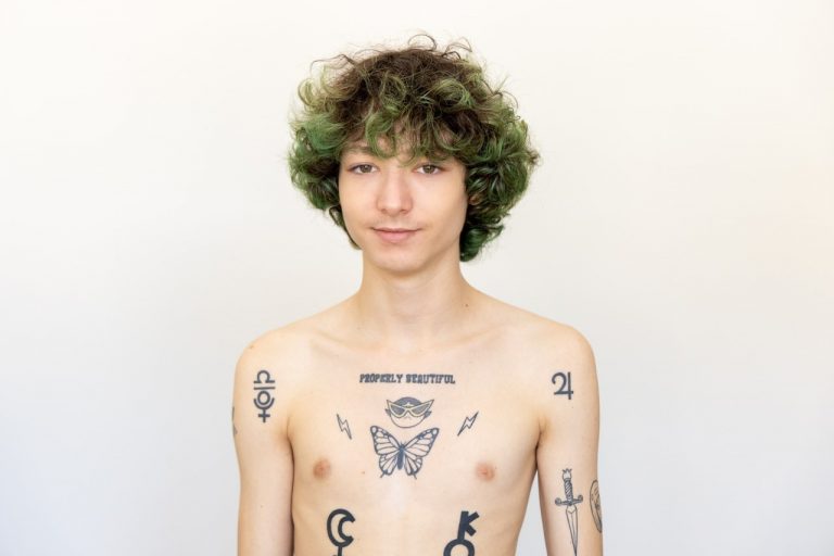 Nino by Andrew Putschoegl, Shirtless tattooed boy photoshoot, HEYBOY