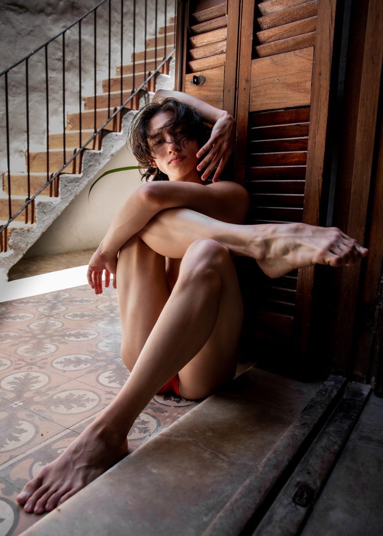 Jordan Ferreira - Male Dancer in underwear posing near wooden door frame